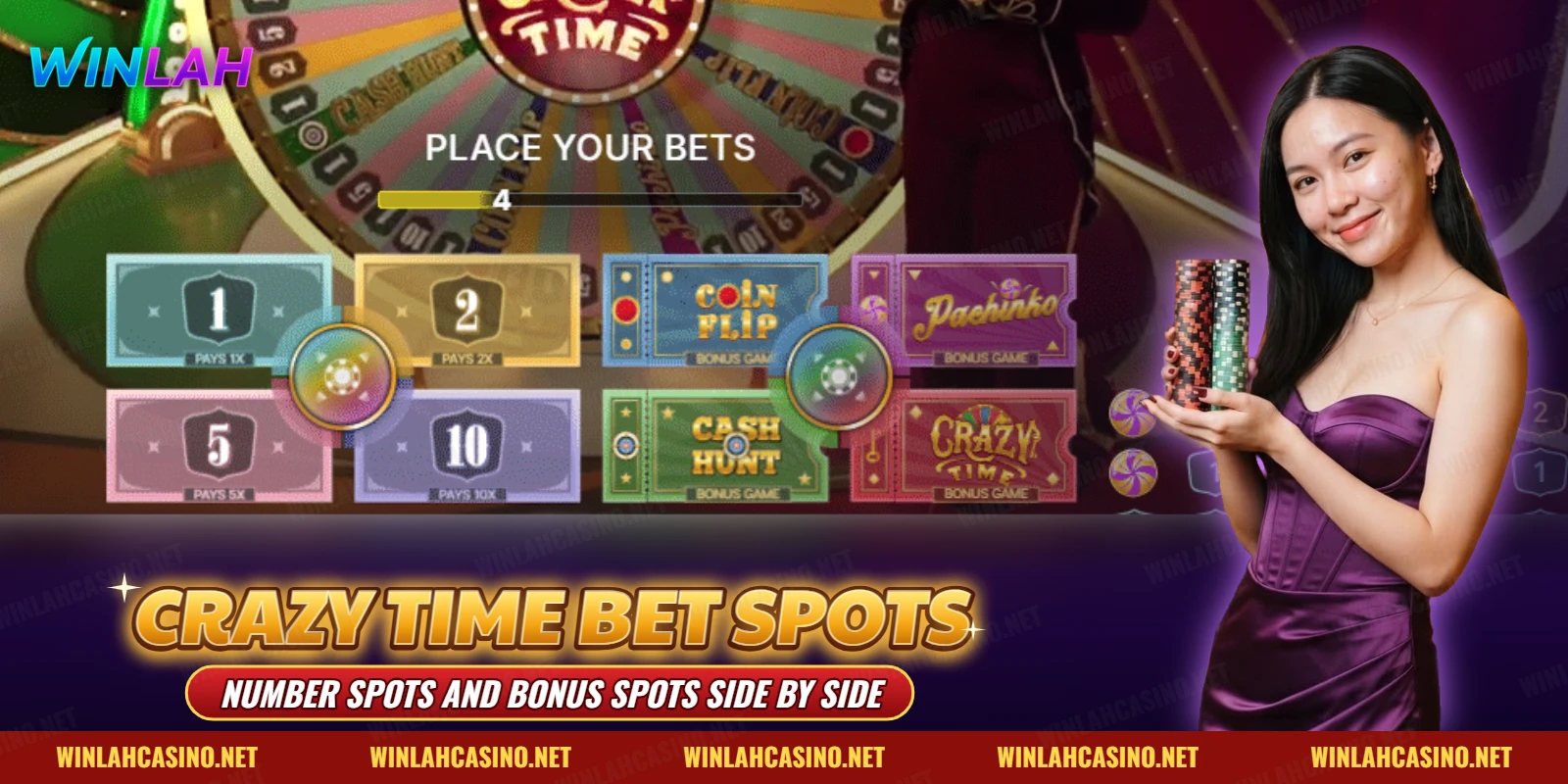 Crazy Time betting grid with number spots and Coin Flip, Pachinko, Cash Hunt and Crazy Time bonus spots