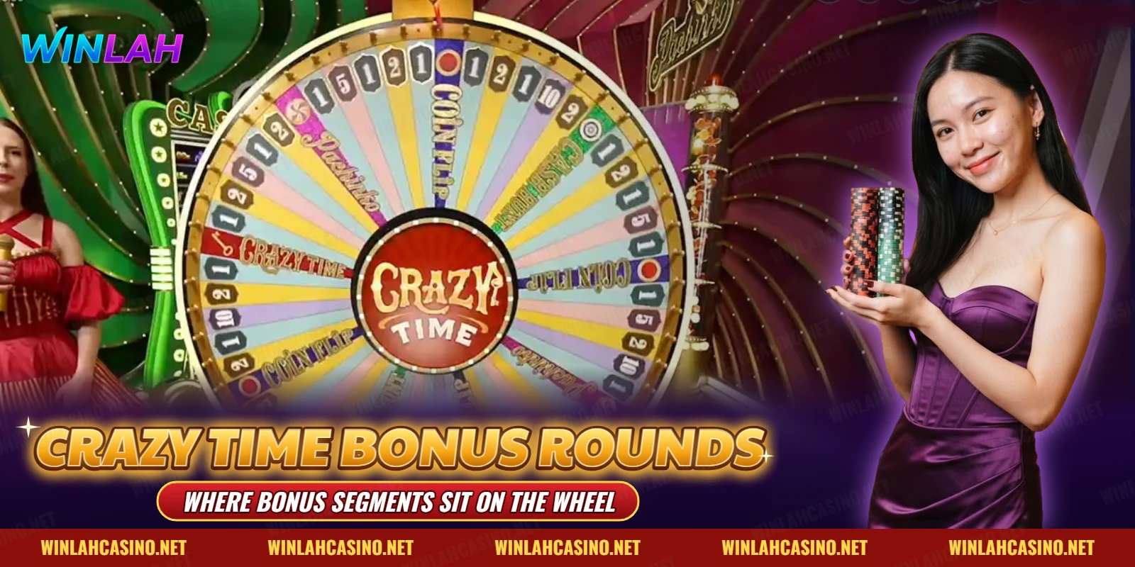 Crazy Time bonus rounds shown as Coin Flip, Cash Hunt, Pachinko and Crazy Time segments on the wheel