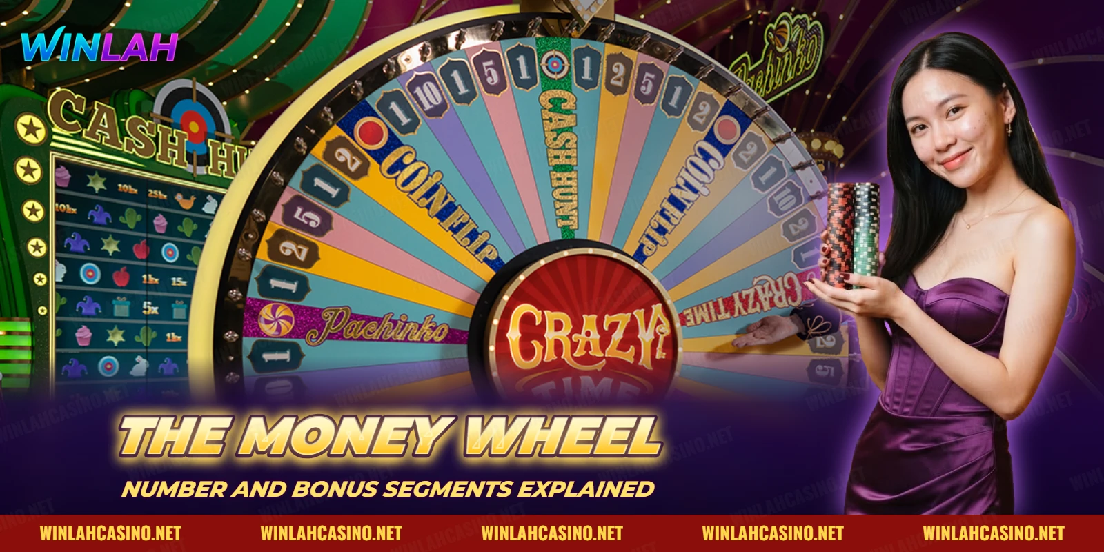Crazy Time money wheel with number segments and Coin Flip, Cash Hunt and Pachinko bonus segments